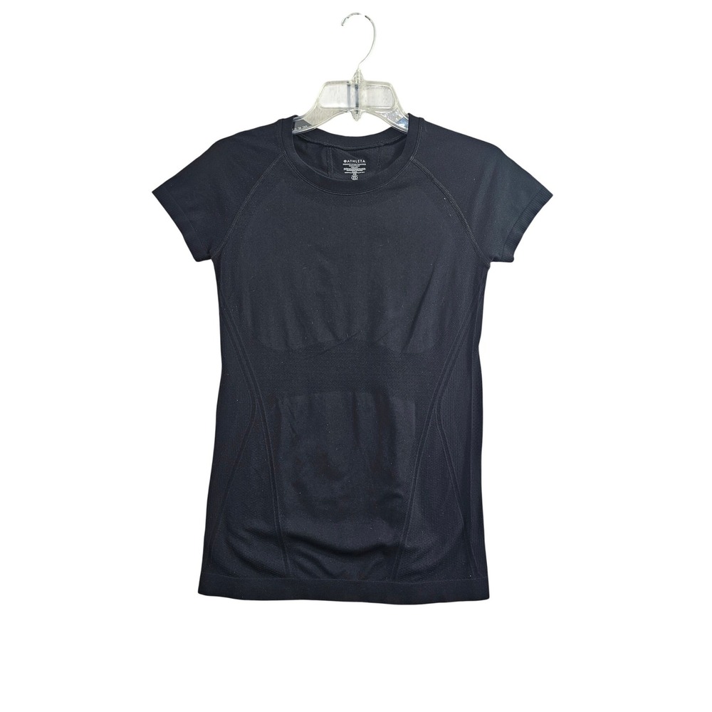 Athleta Momentum Tee Women XS Black Solid Seamless Short Sleeve Activewear Top
